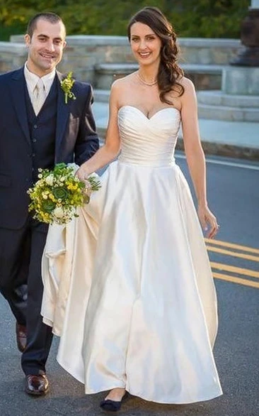 Sweetheart Neckline Simple A-Line Satin Wedding Dress With Open Back And Ruching