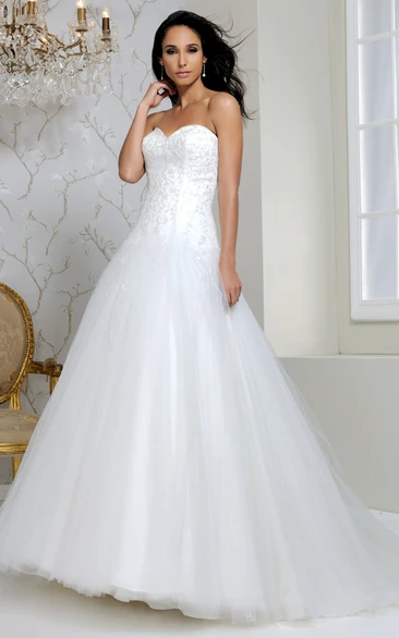 Long Sweetheart Beaded Tulle Wedding Dress With Chapel Train And Lace-Up