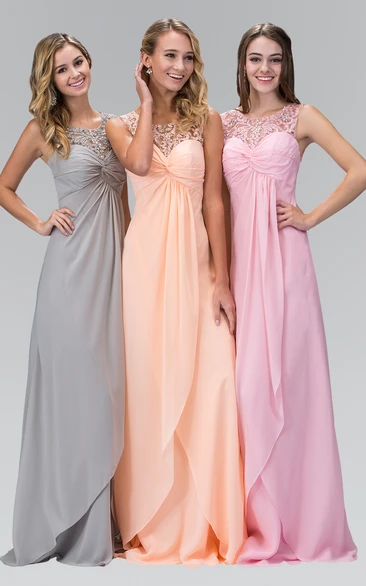 A-Line Long Scoop-Neck Sleeveless Empire Chiffon Dress With Beading And Draping