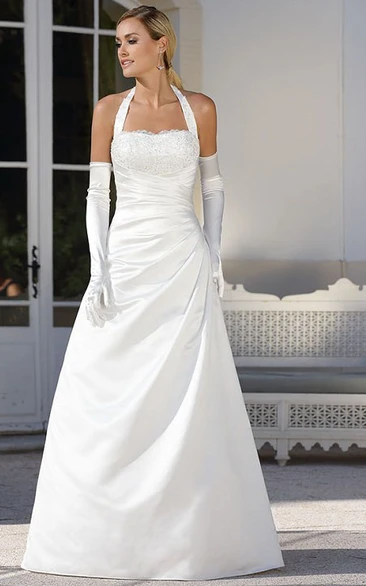 A-Line Floor-Length Side-Draped Halter Sleeveless Satin Wedding Dress With Beading