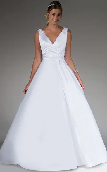 V Neck Satin Bridal Ball Gown With Appliqued Straps And Waist