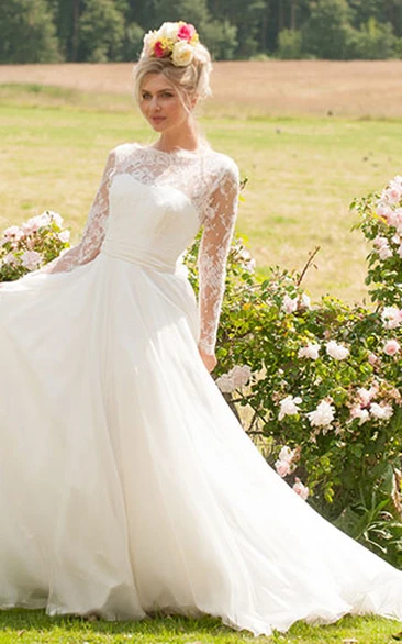 Long High Neck Long-Sleeve Appliqued Chiffon Wedding Dress