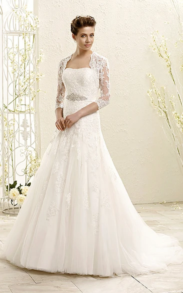 A-Line Long Strapless Lace&Tulle Wedding Dress With Appliques And Waist Jewellery