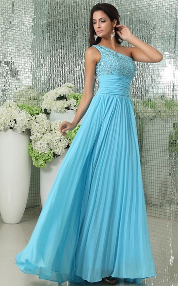 One SHoulder Sleeveless Chiffon A-Line Pleated Prom Dress With Beaded