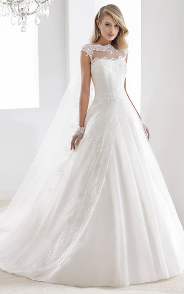 Scalloped-neck Cap-sleeve A-line Wedding Gown with V Back and Front-split Overlayer