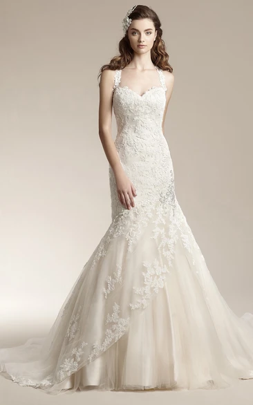 Stylish Sleeveless Mermaid Gown With Appliques And Keyhole Back