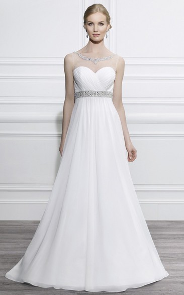 Scoop Floor-Length Criss-Cross Empire Jeweled Chiffon Wedding Dress