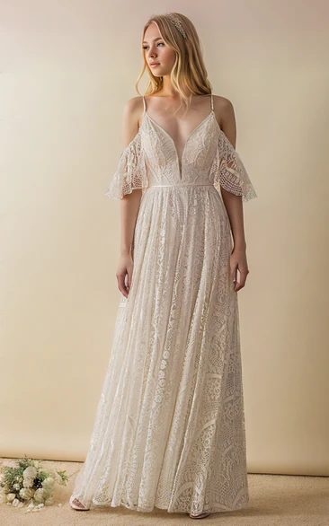 Off-the-shoulder Sexy Beach Plunging Neckline Boho Lace A-Line Country Floor-length Spaghett Open Back Wedding Bridal Dress
