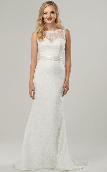Scoop Long Jeweled Lace Wedding Dress With Sweep Train And Illusion