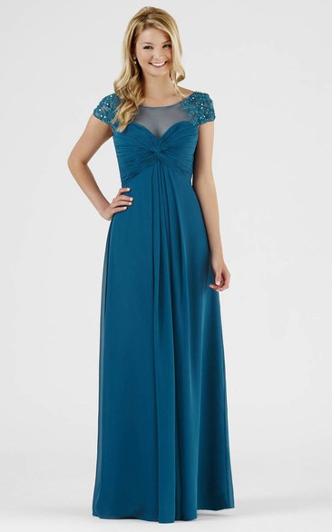 Scoop Maxi Empire Cap-Sleeve Beaded Chiffon Bridesmaid Dress With Ruching And V Back