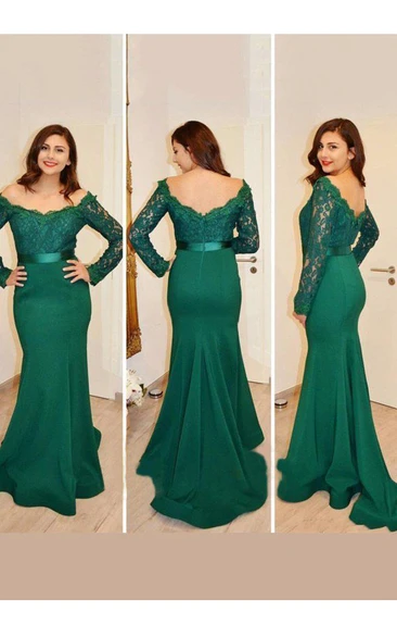 Illusion Long Sleeve Sweep Brush Train Mermaid Trumpet Off-the-shoulder Satin Lace Dress