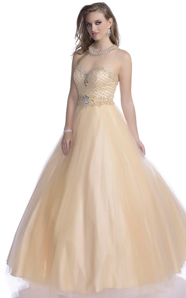 Tulle A-Line Sweetheart Sleeveless Prom Dress With Rhinestone Halter And Trim