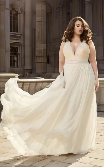 Plus Size A-Line Lace Wedding Dress 2023 Bohemian Casual Floor-length Sweep Train