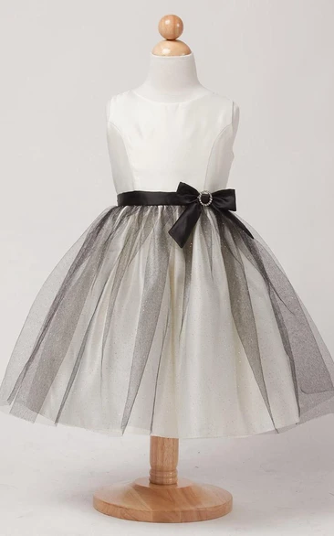 Broach Bowed Tiered Satin Flower Girl Dress With Ribbon