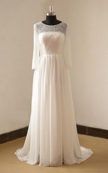 Jewel Neck Long Sleeve A-Line Chiffon Wedding Dress With Open Back