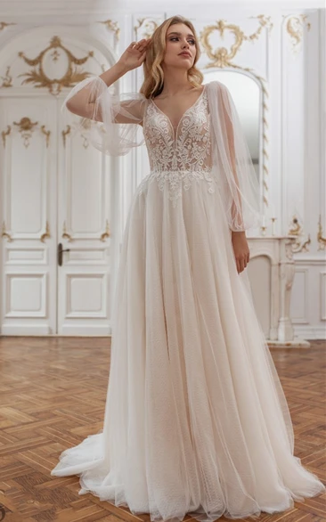 Charming A-Line Tulle Plunging Neck Wedding Dress with Appliques and Train