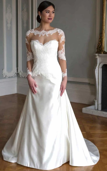A-Line Jewel-Neck Floor-Length Long-Sleeve Satin Wedding Dress With Appliques And Illusion