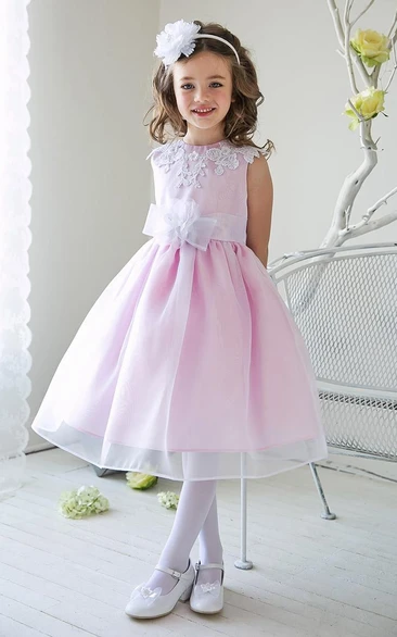 Split-Front Tea-Length Appliqued Beaded Lace&Sequins Flower Girl Dress With Tiers