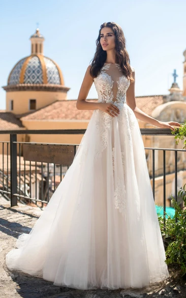 Adorable A Line Tulle Bateau Sleeveless Wedding Dress With Button Back
