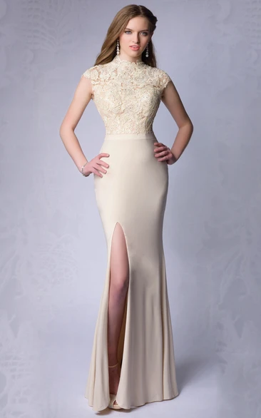 Sheath Side Slit Jersey High Neck Homecoming Dress With Lace Top