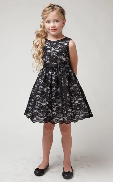 Split Knee-Length Tiered Lace Flower Girl Dress