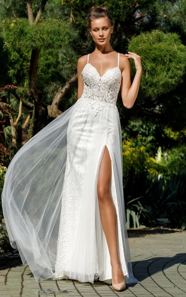 Elegant Sleeveless Sheath Tulle Lace V-neck Wedding Dress with Split Front
