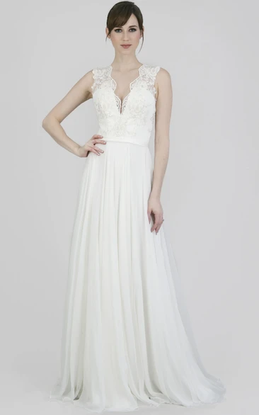 V-Neck Long Pleated Chiffon Wedding Dress With Court Train And Illusion