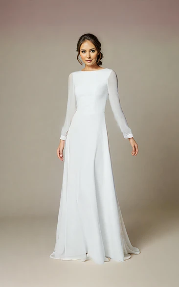 Casual Jewel A-Line Wedding Dress with Simple Long Sleeves Backless