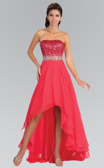A-Line High-Low Strapless Sleeveless Chiffon Dress With Sequins And Beading