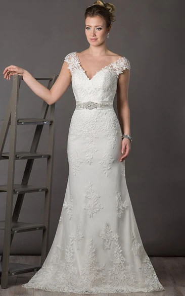 Backless V Neck Cap Sleeve Appliqued Mermaid Bridal Gown With Crystal Sash