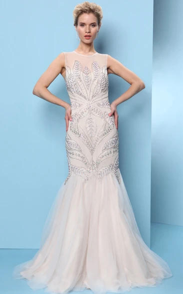 Mermaid Crystal Sleeveless Jewel-Neck Floor-Length Tulle Prom Dress With Pleats