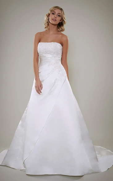 A-Line Sleeveless Strapless Floor-Length Appliqued Satin Wedding Dress With Lace-Up Back And Side Draping