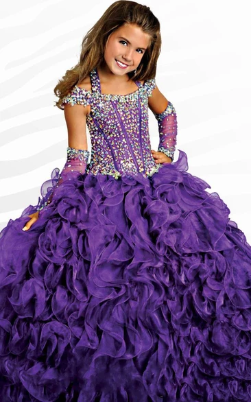 Ball Gown Halter Illusion Sleeve Beading Flower Girl Dress with Ruffle
