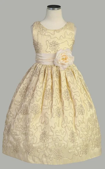 Tea-Length Embroideried Floral Taffeta Flower Girl Dress