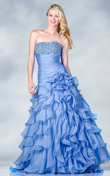 Ball Gown Strapless Sleeveless Organza Dress With Beading And Flower
