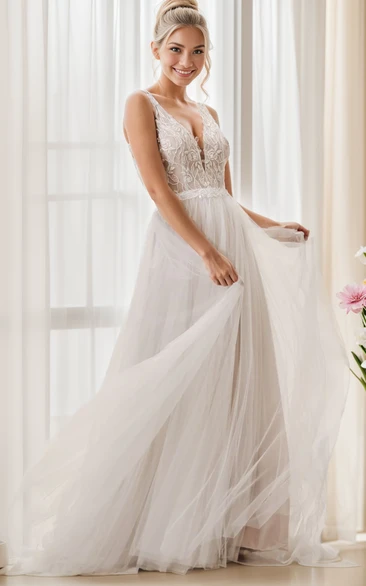 Modest A-Line V-Neck Floor-Length Simple Elegant Deep-V Back Wedding Dress with Sweep Train