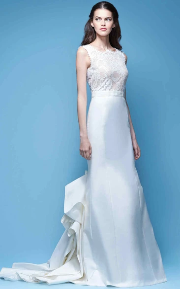 Sheath Bateau-Neck Lace Long Sleeveless Satin Wedding Dress