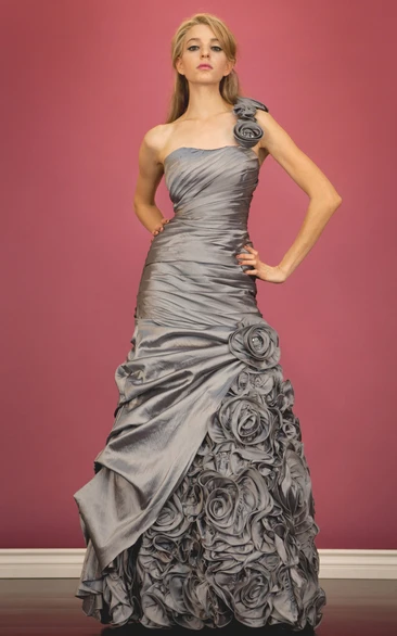 A-Line One-Shoulder Sleeveless Satin Dress With Flower And Side Draping