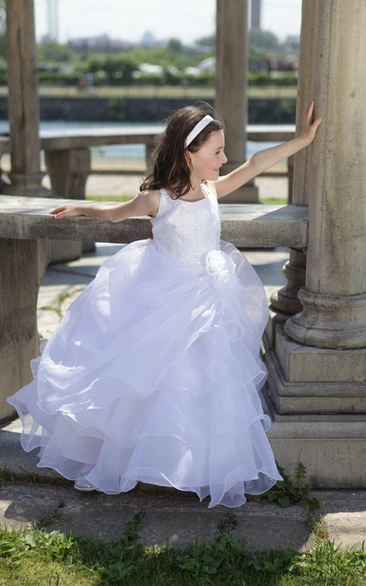 Flower Girl Square Neck Organza Ball Gown With Flower And Layered Skirt