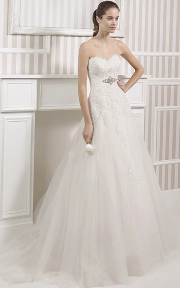 A-Line Sweetheart Jeweled Long Tulle Wedding Dress With Lace And Corset Back