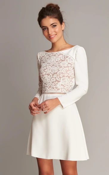 Romantic Satin Long Sleeve Illusion A Line Wedding Dress with Lace