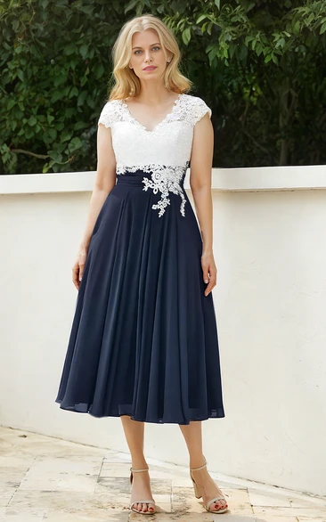 Lace Appliques Chiffon A-Line V-neck Petite Tea-length Sexy Elegant Short Cap Sleeve Mother of the Bride Guest Dress