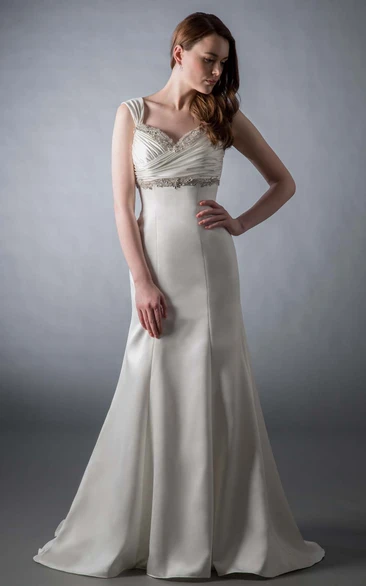 Sheath Ruched Floor-Length Sleeveless Satin Wedding Dress With Beading
