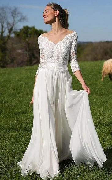 Bohemian V-neck Chiffon Lace Floor-length 3/4 Length Sleeve A Line Wedding Dress