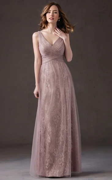 V-Neck Sleeveless A-Line Bridesmaid Dress With Tulle Overlay And Pleats