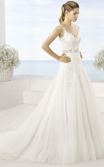 A-Line Floor-Length Sleeveless Appliqued V-Neck Tulle Wedding Dress With Waist Jewellery And Pleats