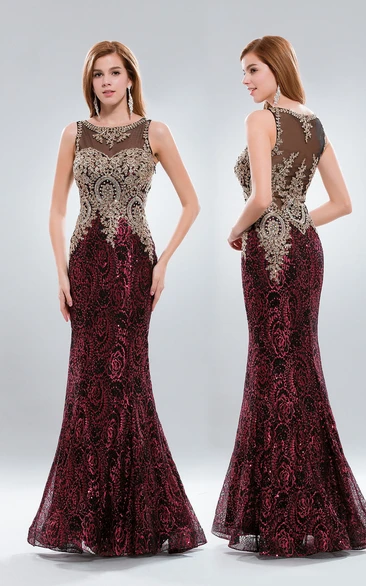 Mermaid Long Bateau Sleeveless Illusion Dress With Beading And Sequins