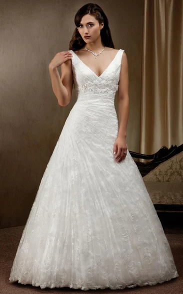 A-Line Floor-Length V-Neck Side-Draped Sleeveless Lace Wedding Dress With Appliques And Low-V Back