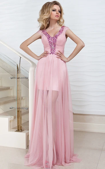 Ruched Cap-Sleeve Maxi V-Neck Tulle Prom Dress With Beading And Pleats