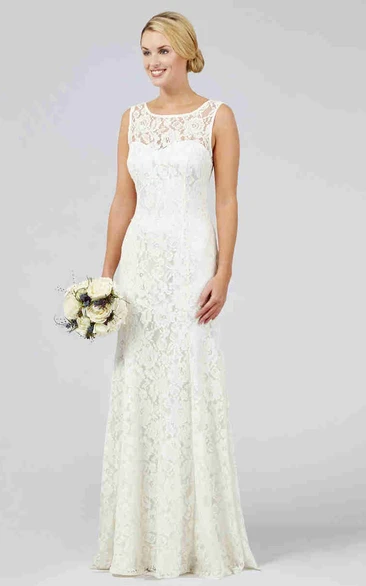Sheath Sleeveless Scoop-Neck Floor-Length Lace Wedding Dress With V Back